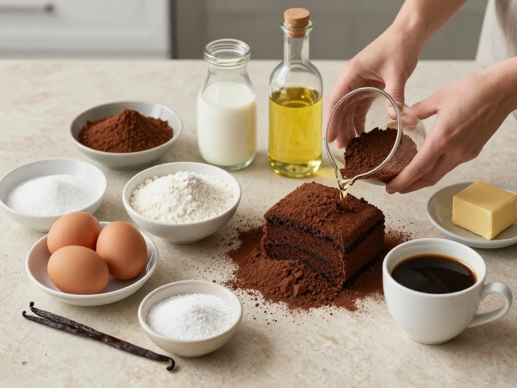 Ingredients for homemade Devil's Food Cake arranged in a flat lay