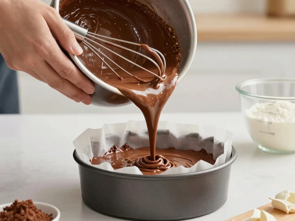 Chocolate cake batter being poured into a prepared round pan