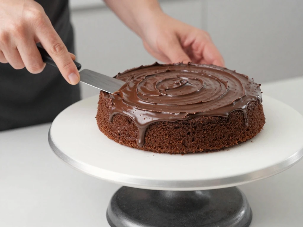Chocolate buttercream being smoothed over a Devil's Food Cake layer