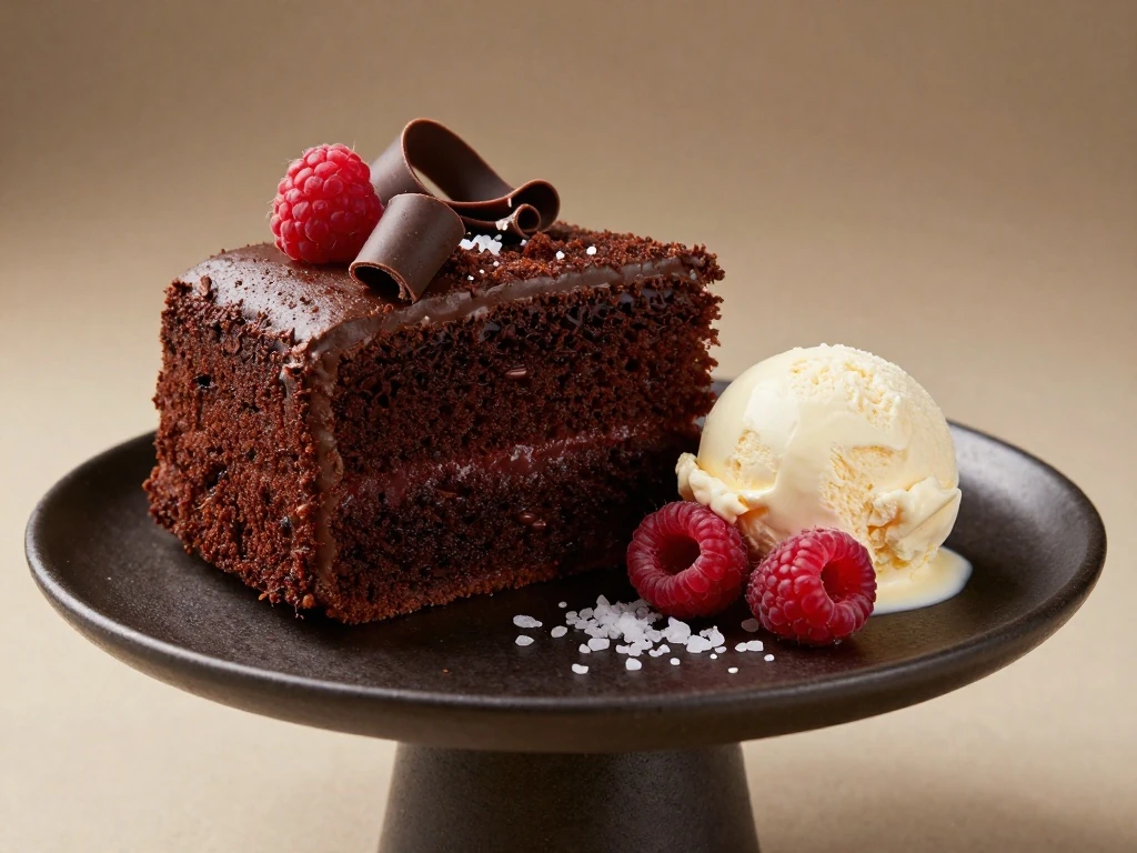 Devil's Food Cake served with vanilla ice cream and raspberries