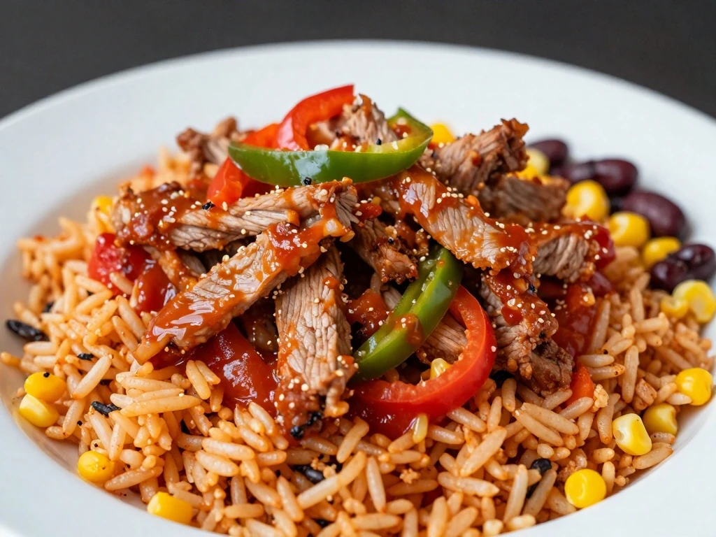 Slimming World friendly spicy pork served with colourful Mexican rice