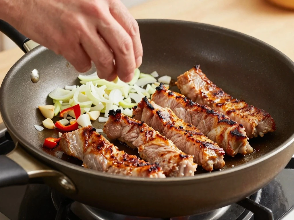 Pork strips browning with spices and vegetables in a pan