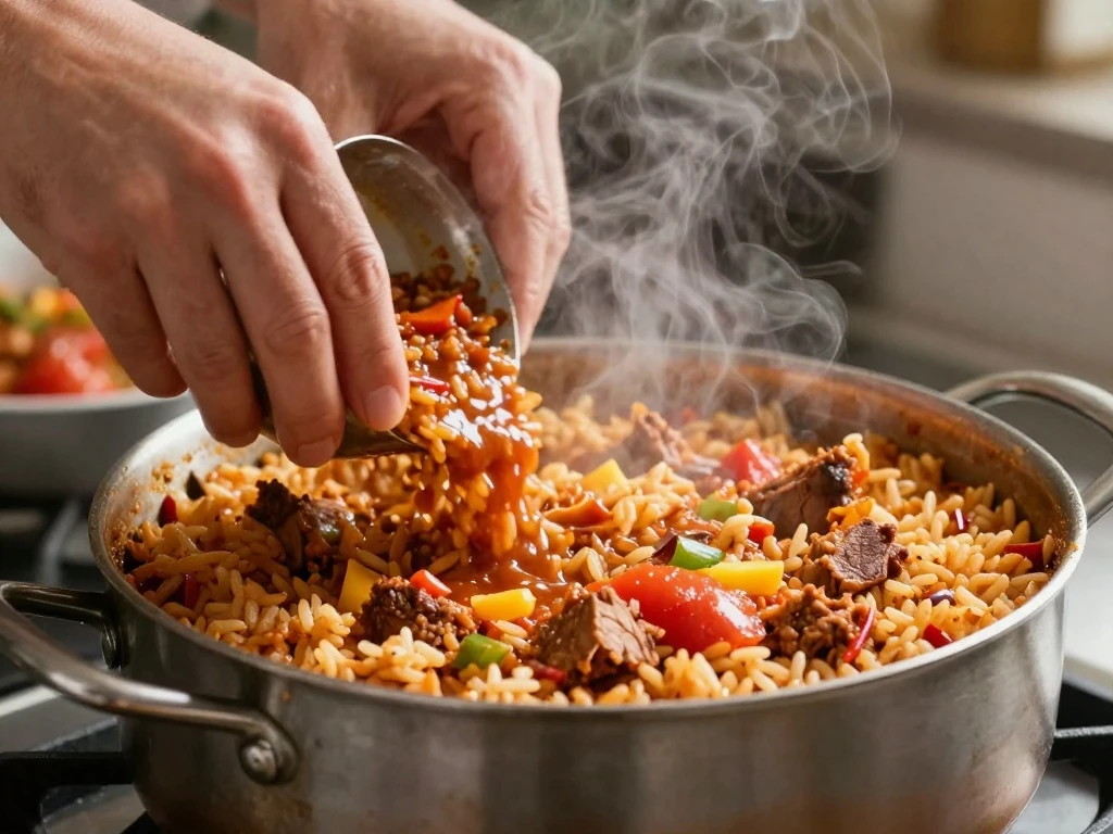 Mexican rice resting while spicy pork simmers