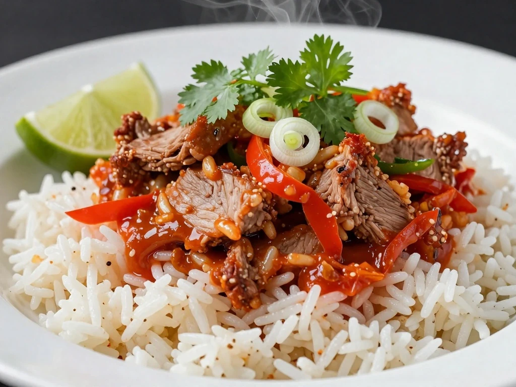 Close-up of spicy pork and Mexican rice ready to serve