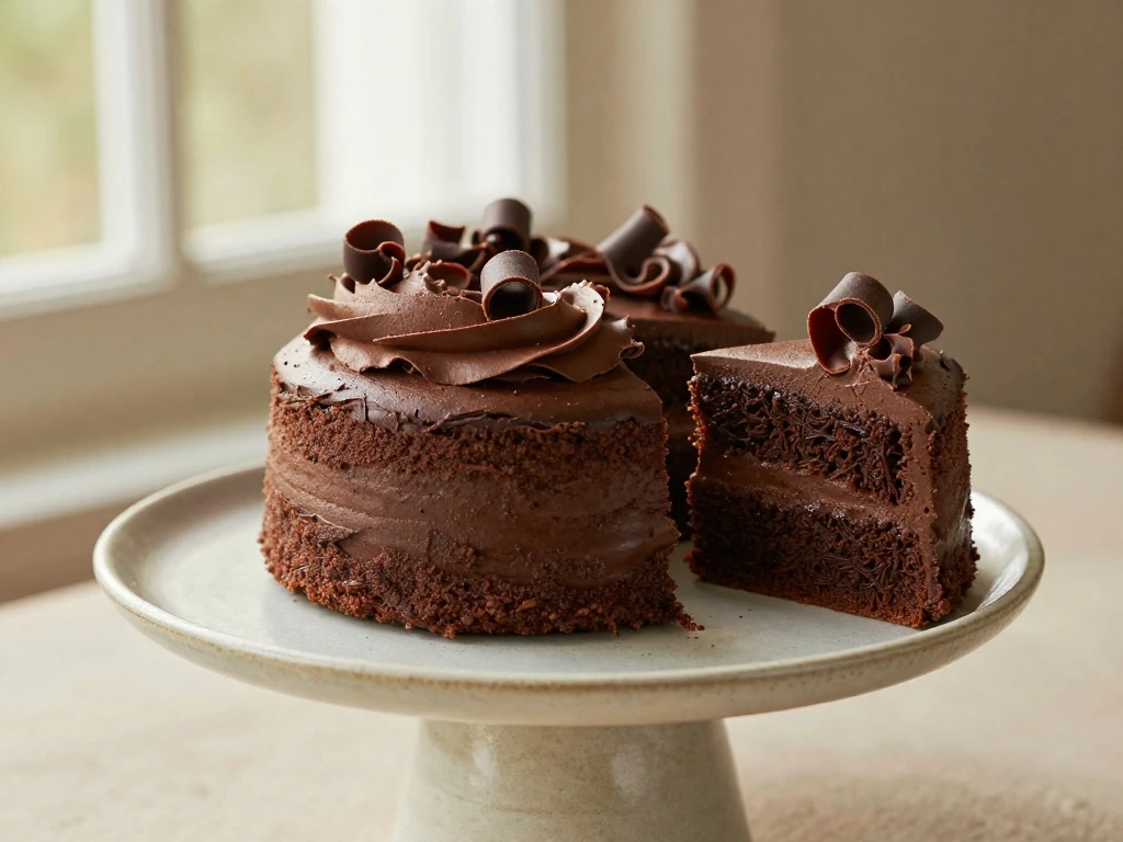 Small chocolate cake with chocolate buttercream and one slice served beside it