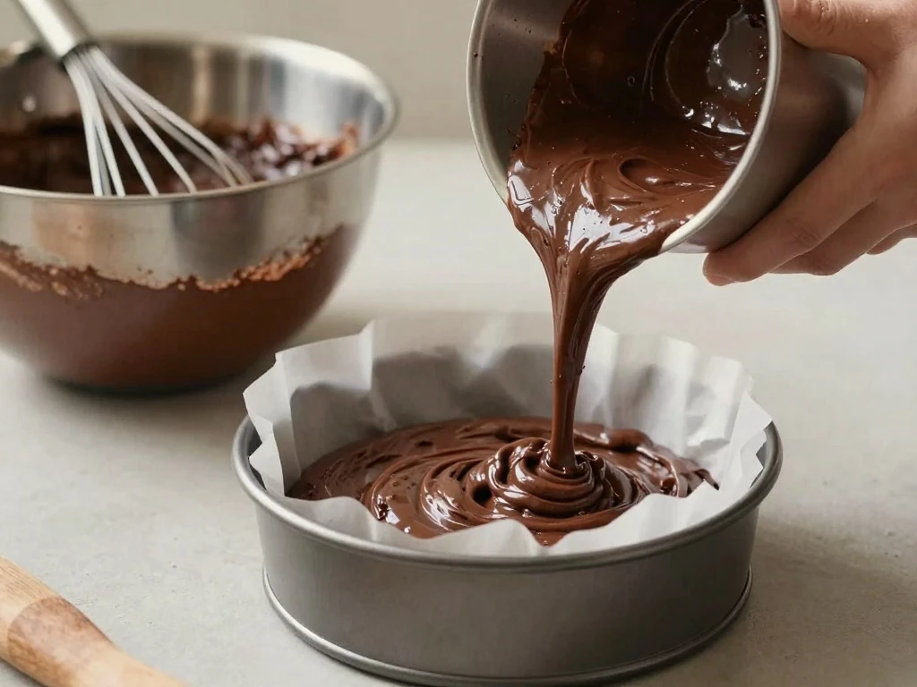 Chocolate cake batter being poured into a small round cake pan