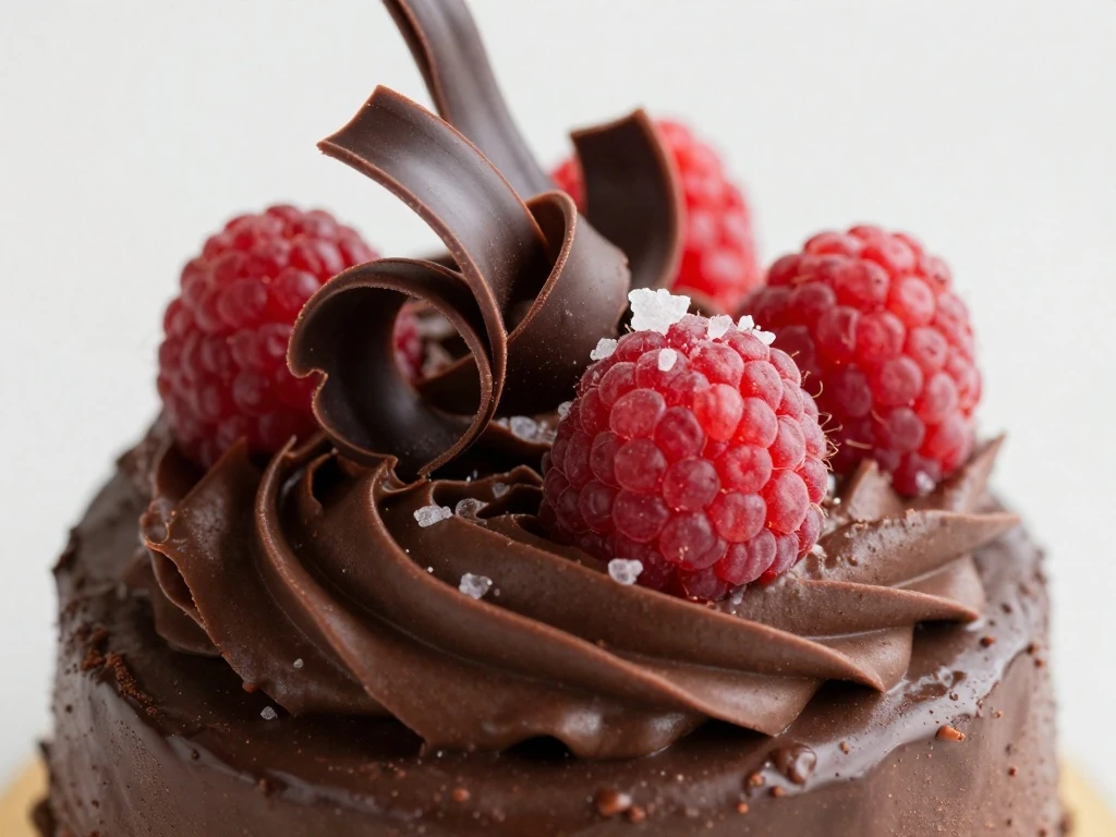 Chocolate curls and raspberries decorating a small frosted chocolate cake