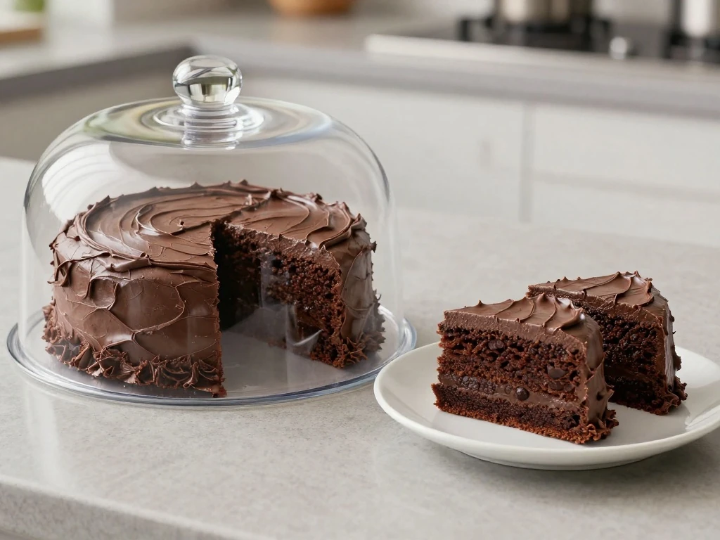 Small frosted chocolate cake prepared for storage with wrapped slices