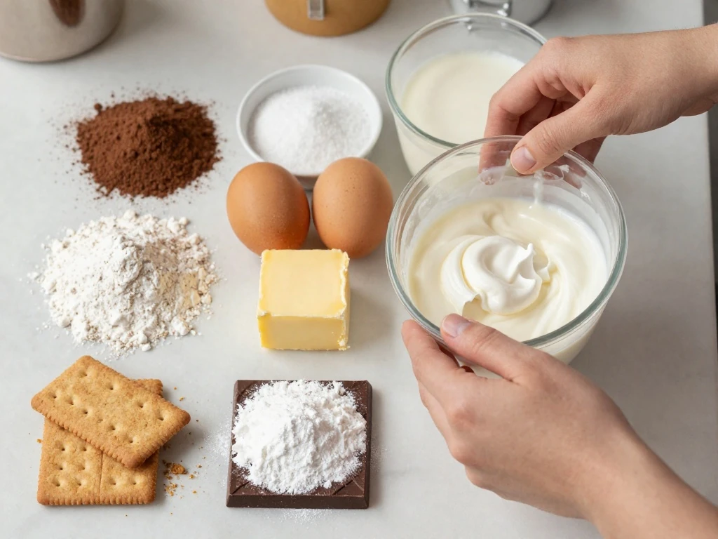 Ingredients for homemade s'mores cake arranged on a kitchen counter