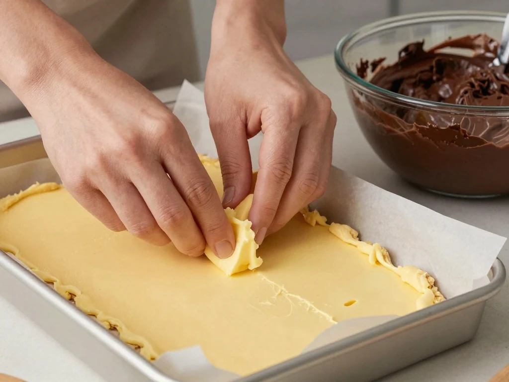 Pressing graham-cracker crust into a baking pan for s'mores cake