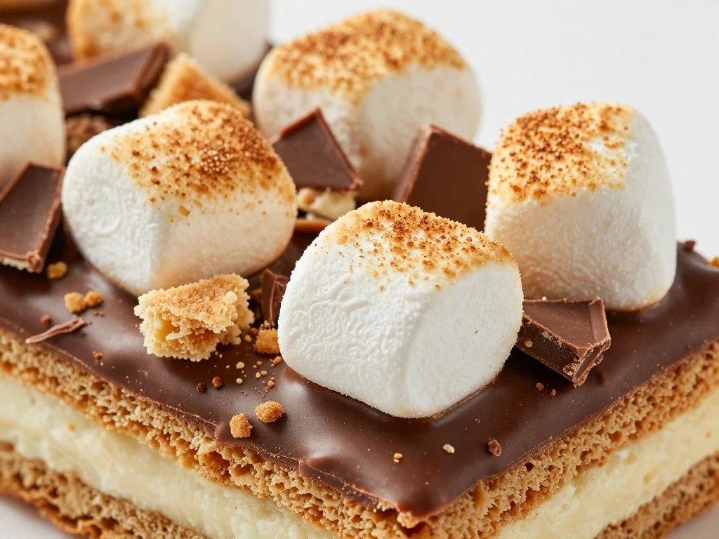 Toasted marshmallow and graham-cracker garnish on s'mores cake