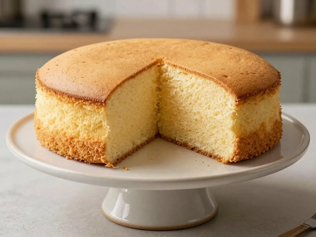 Soft golden vanilla cake with a tender crumb on a cake stand
