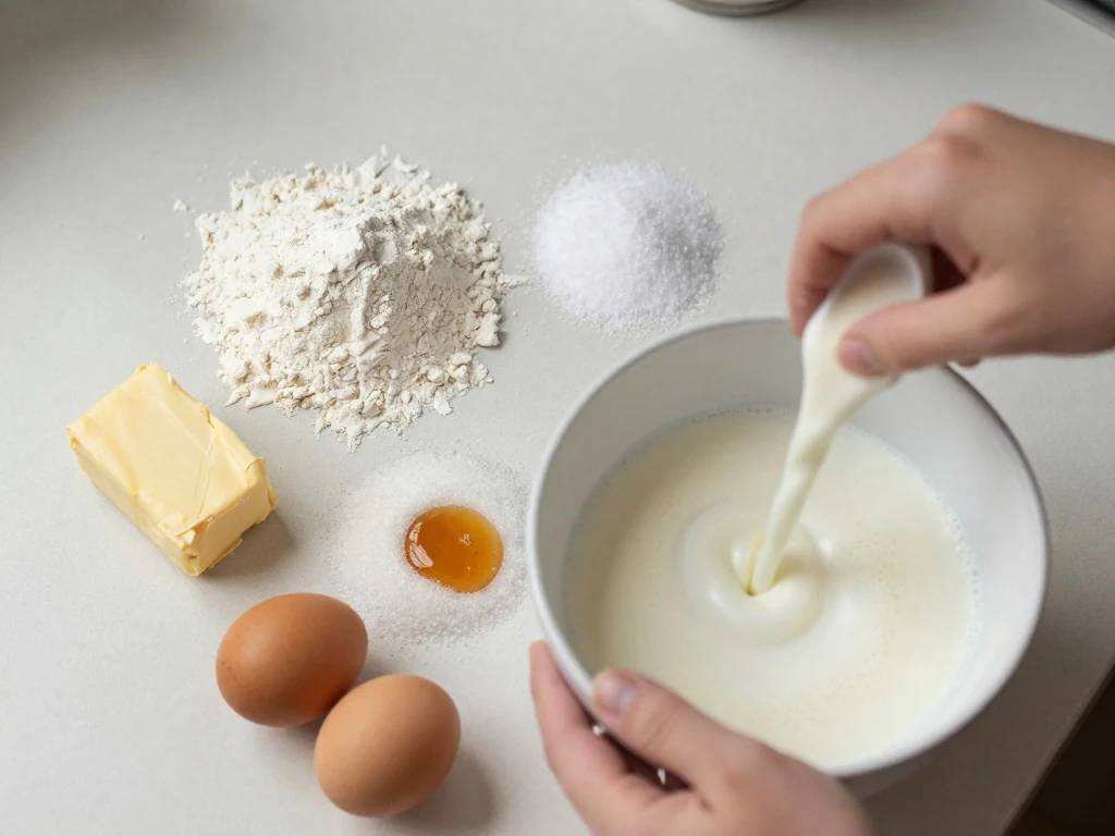 Ingredients for an easy soft cake recipe arranged on a countertop