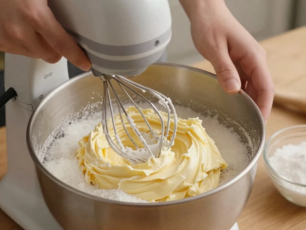 Butter and sugar being creamed for a soft cake batter