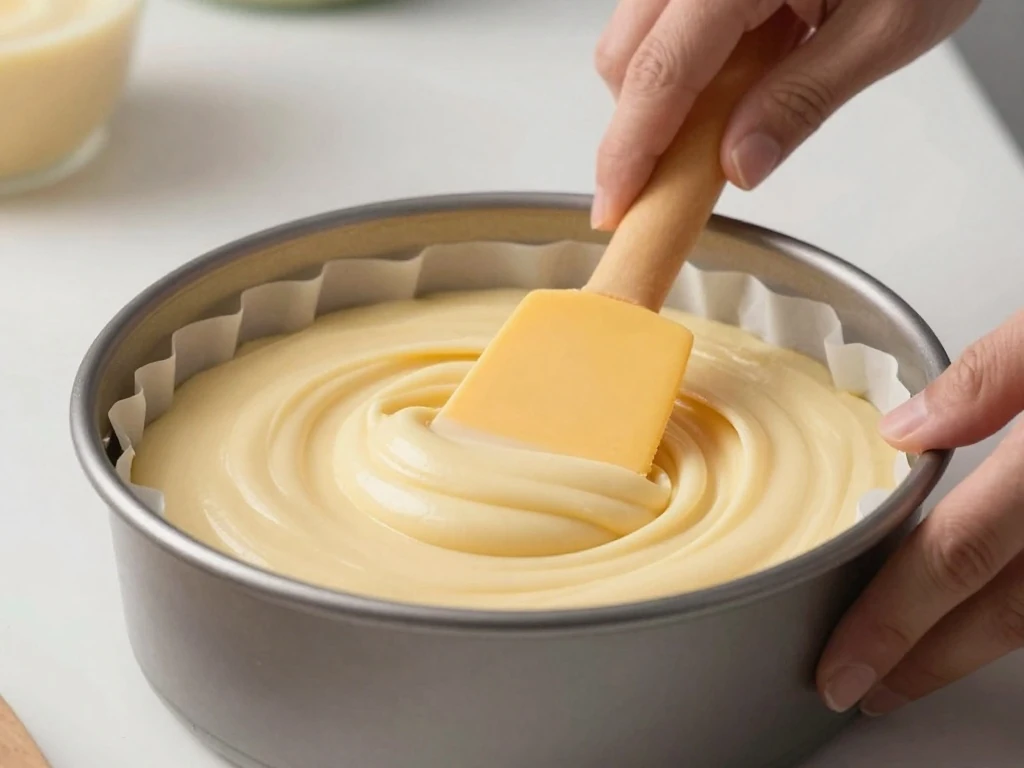 Smooth soft cake batter in a prepared round cake pan