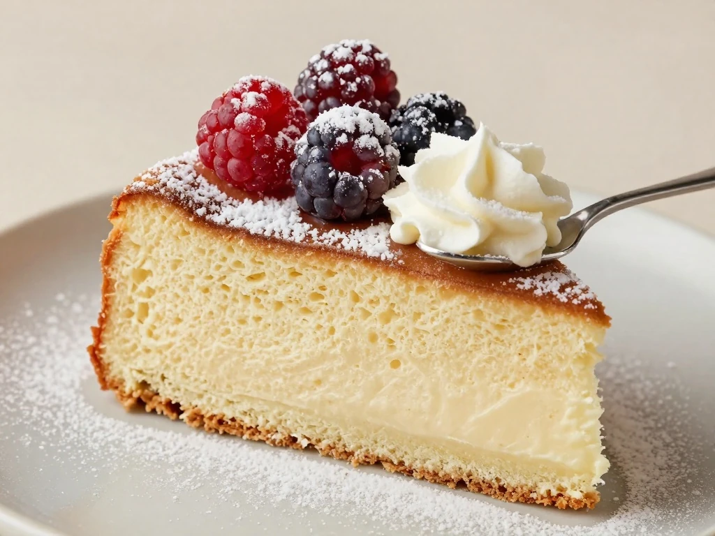 Slice of soft vanilla cake with berries and whipped cream