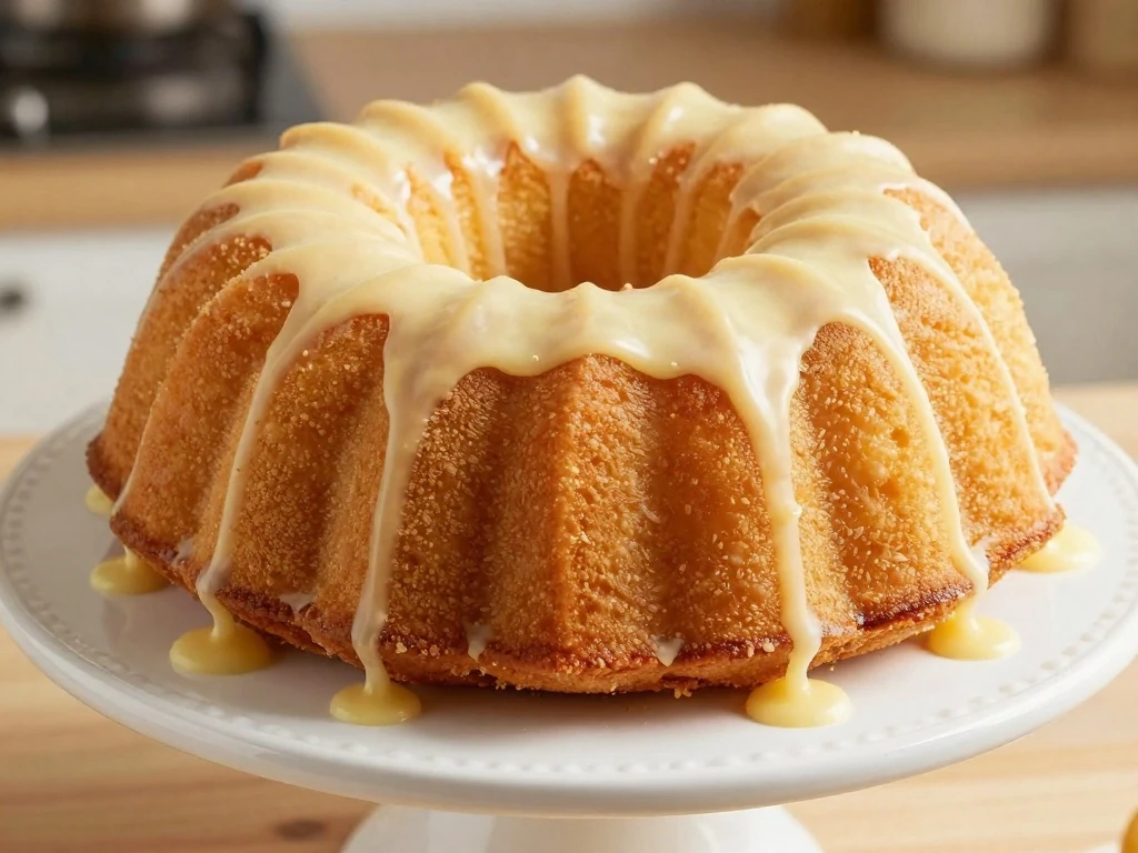 Golden easy sour cream Bundt cake with vanilla glaze