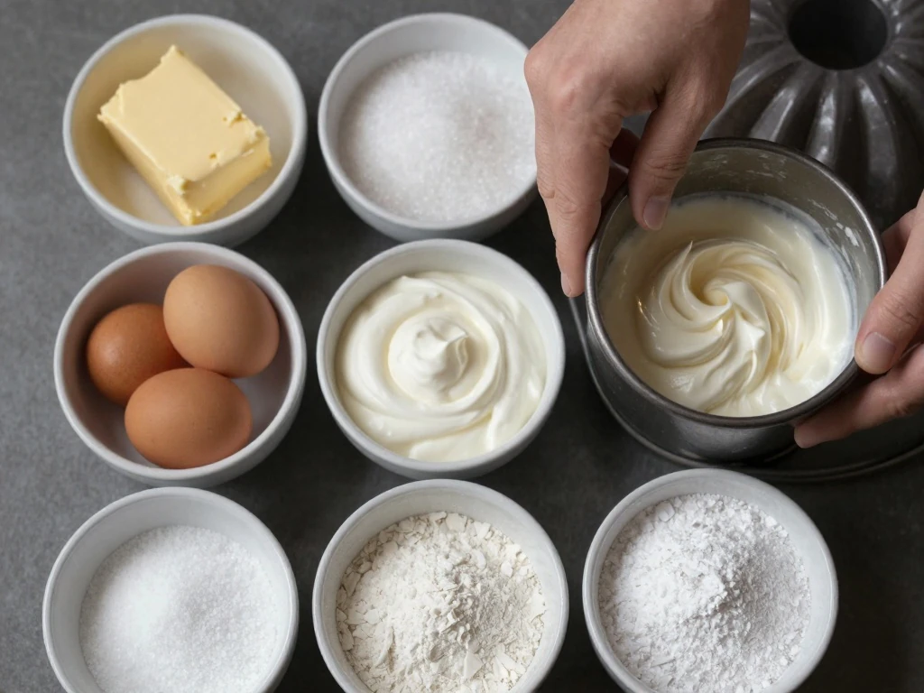 Ingredients for easy sour cream cake arranged beside a Bundt pan