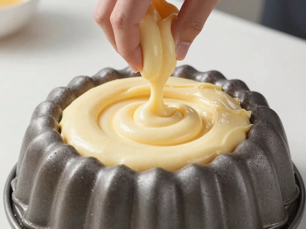 Sour cream cake batter being spread into a prepared Bundt pan