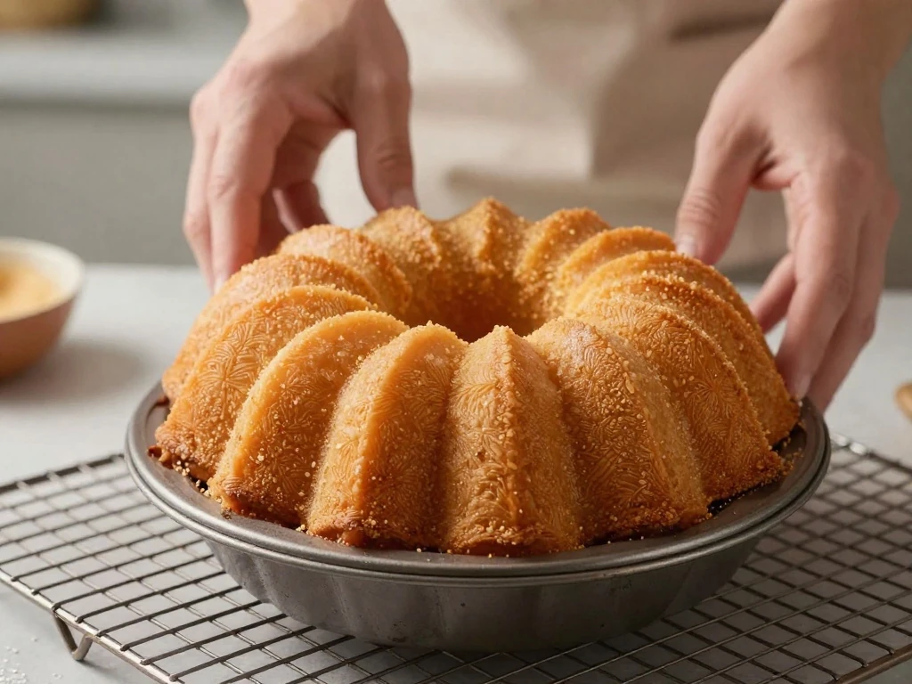 Freshly unmolded sour cream Bundt cake cooling on a rack