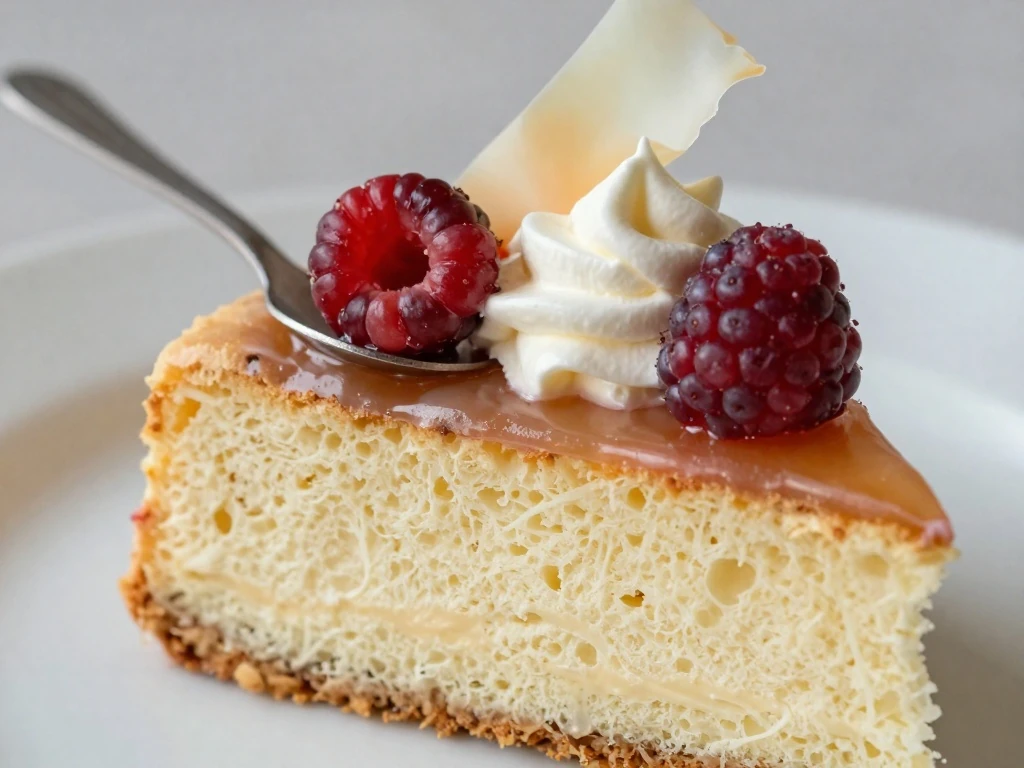 Sour cream cake slice served with berries and whipped cream