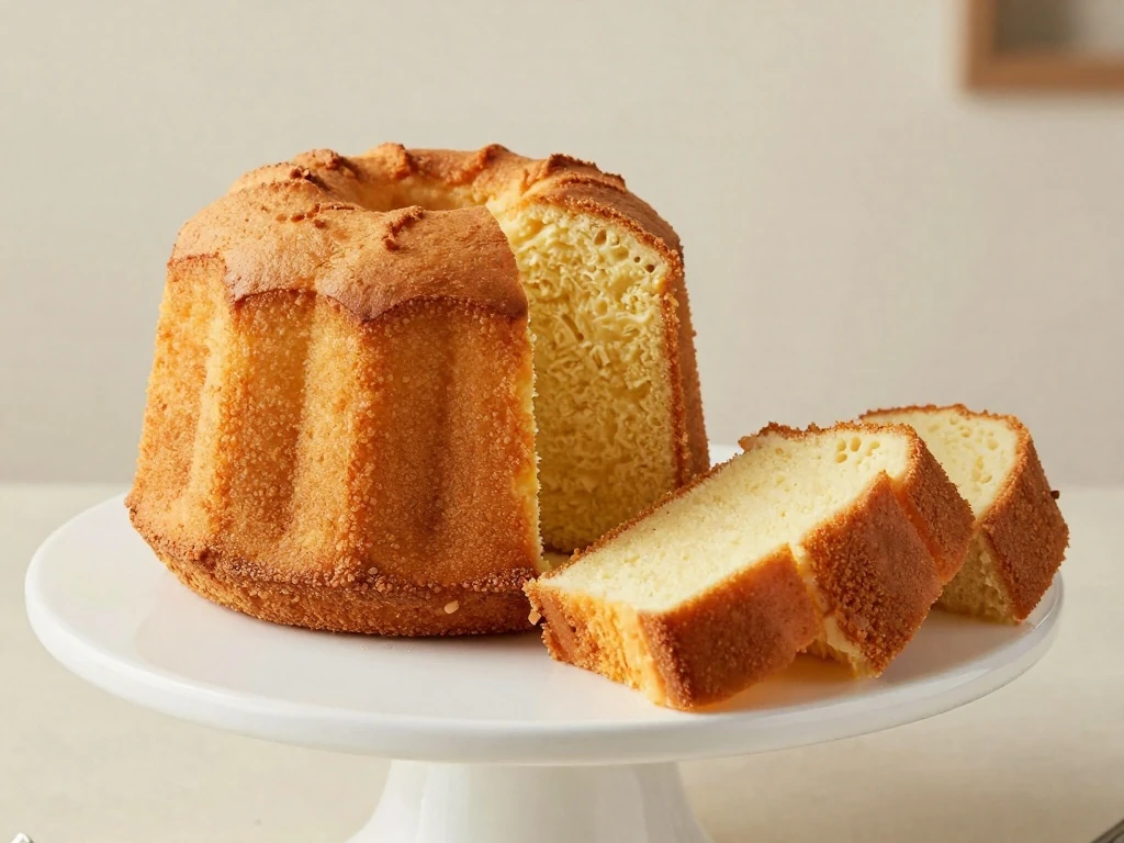 Moist sour cream pound cake displayed on a cake stand