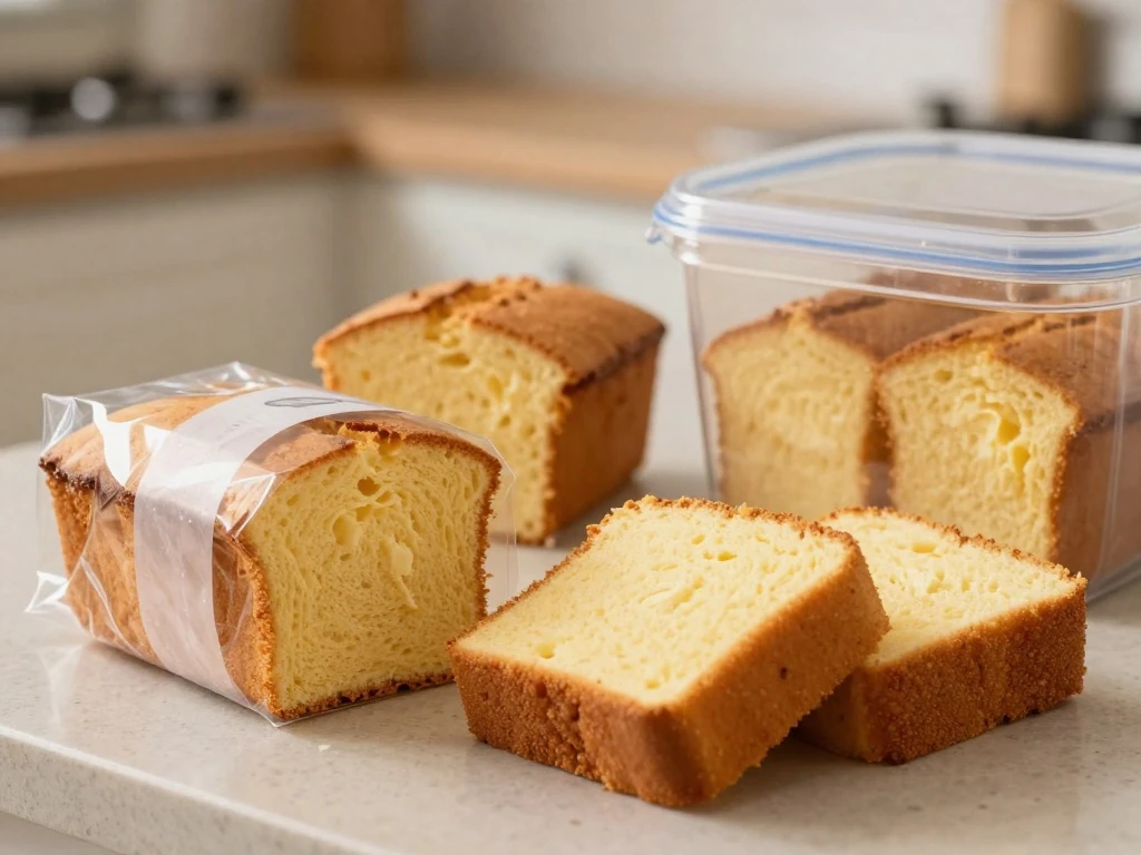 Stored slices of homemade sour cream pound cake