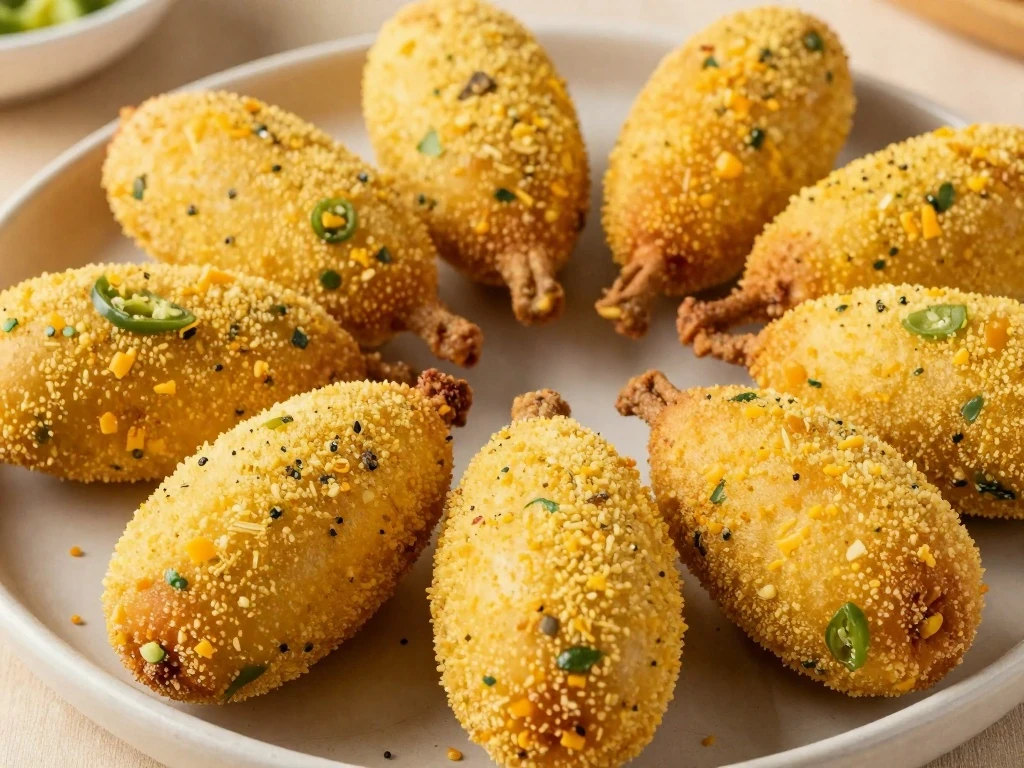 Golden Southwestern corn dogs with green chiles and cheddar arranged on a platter