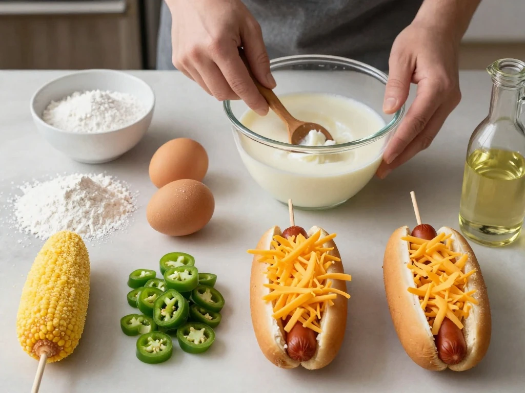 Ingredients for Southwestern corn dogs including cornmeal, green chiles, cheddar, and hot dogs