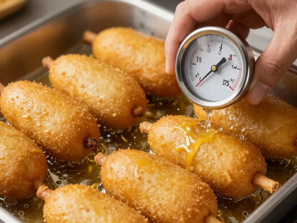Southwestern corn dogs frying in 375 degree oil for an even golden crust