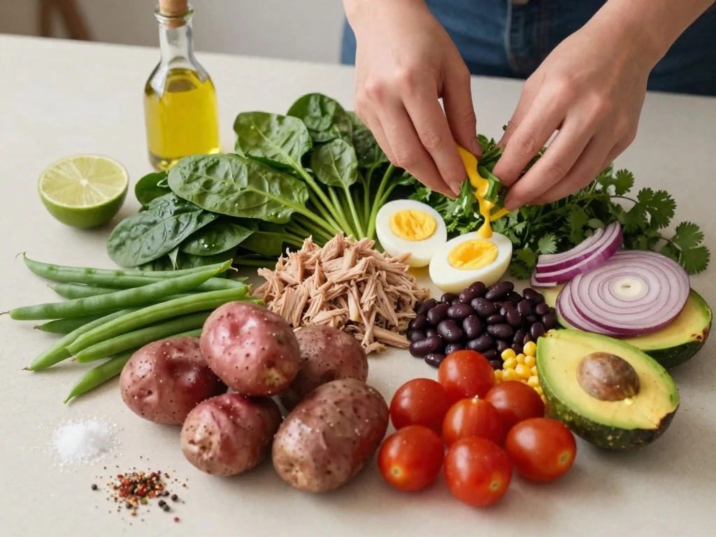 Ingredients for Southwestern spinach Niçoise salad arranged for cooking