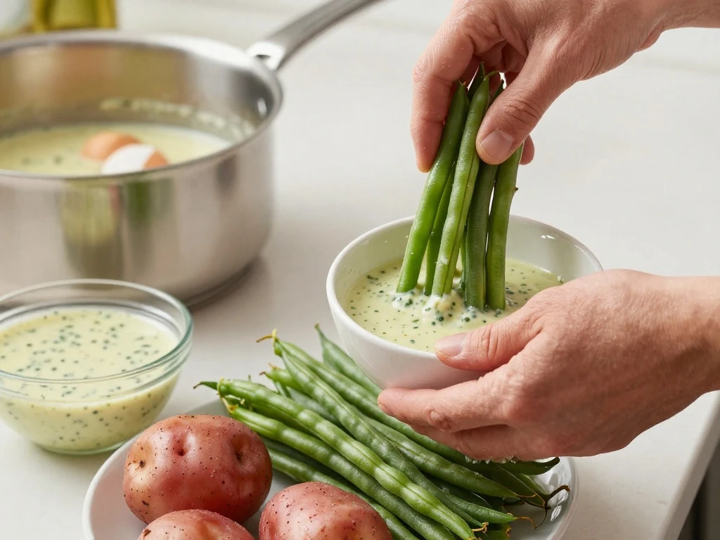Preparing potatoes, green beans, eggs, and lime dressing for Niçoise salad