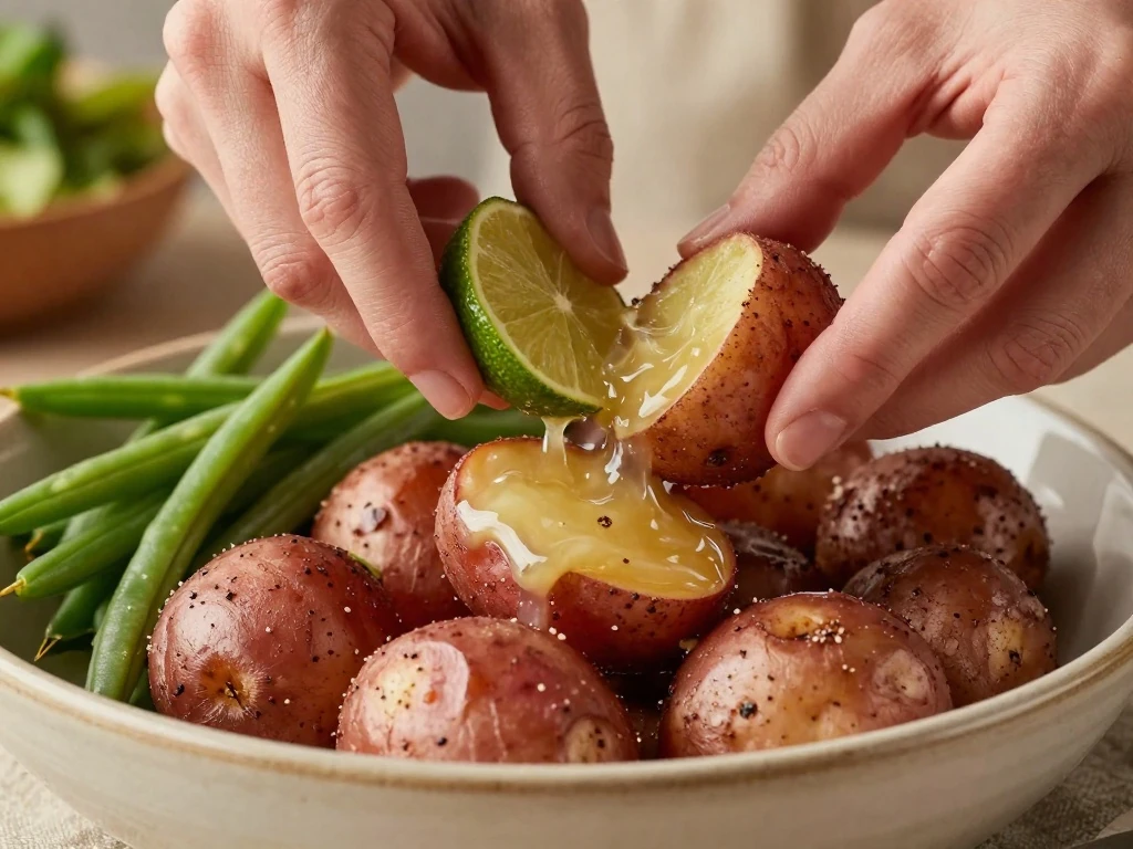 Warm potatoes absorbing Southwestern lime dressing