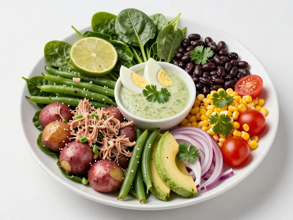 Colorful composed Southwestern spinach Niçoise salad on a platter