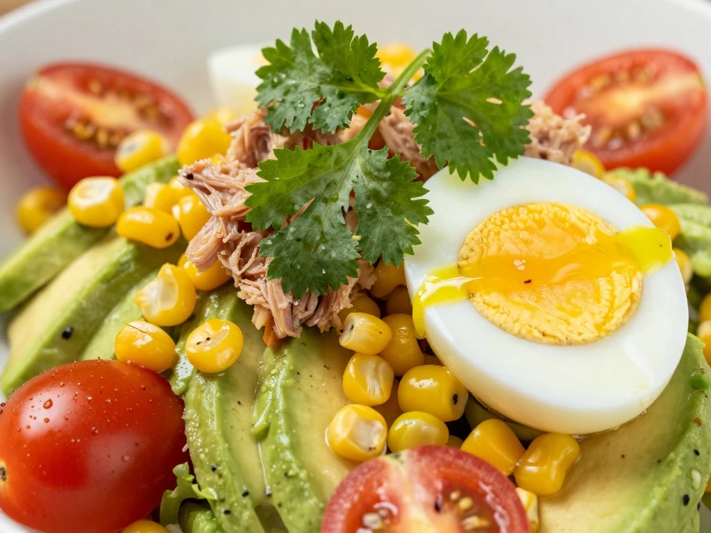 Close-up of cilantro and fresh toppings on Southwestern Niçoise salad