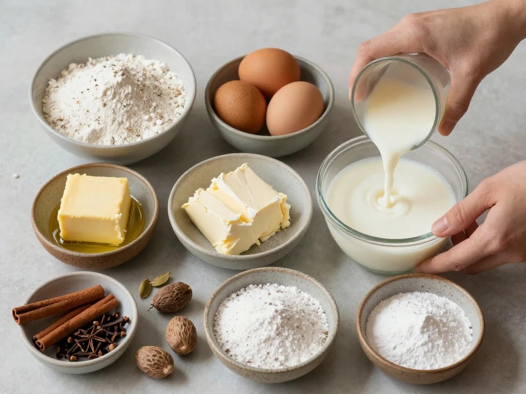 Ingredients for spiced chai cake and cream cheese frosting