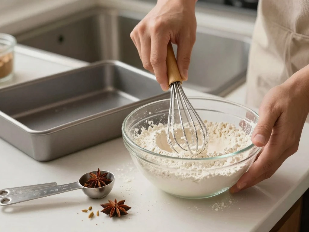 Whisking chai spices into the cake dry ingredients