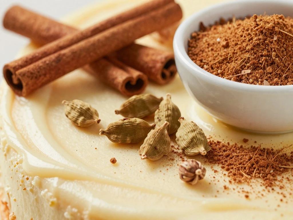 Fresh chai spices and cinnamon garnish for the cake
