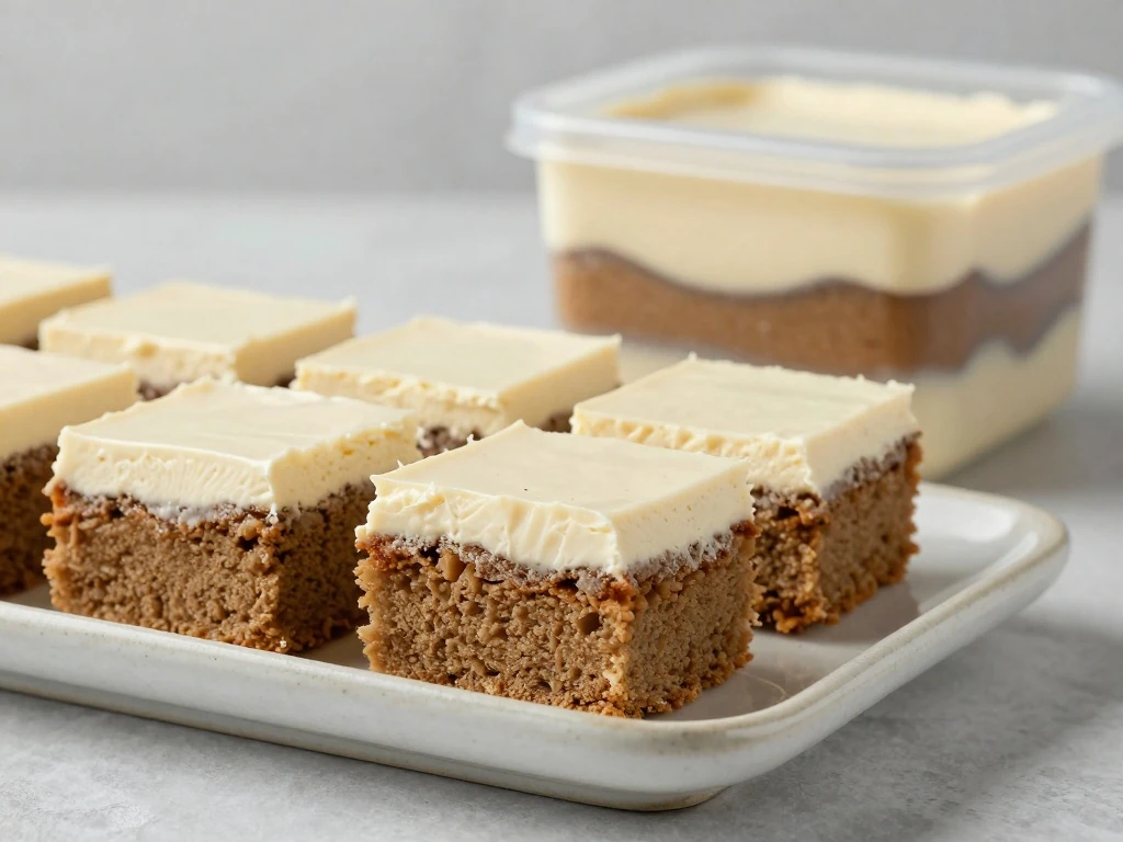 Frosted chai cake squares ready for storage and serving