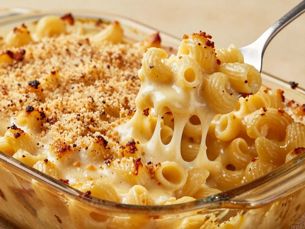 Serving of spicy macaroni and cheese casserole with a golden breadcrumb topping