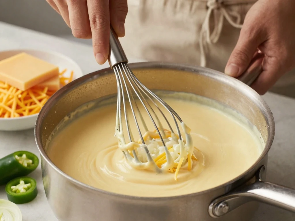 Preparing the spicy cheese sauce for macaroni casserole