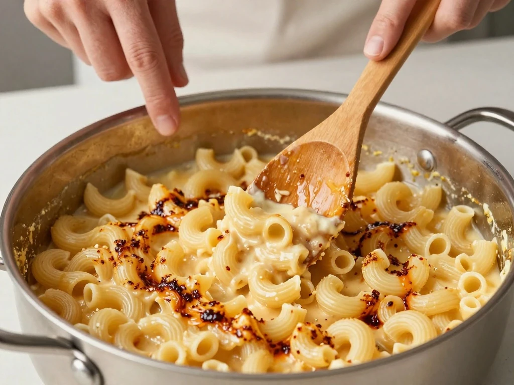 Combining macaroni with creamy spicy cheese sauce