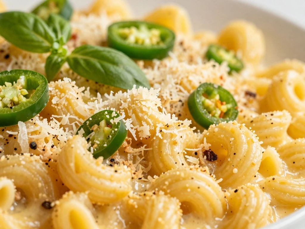 Close-up of golden spicy macaroni and cheese casserole topping