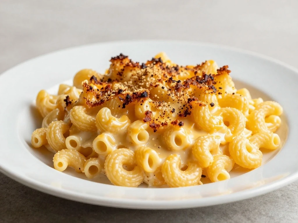Reheated serving of spicy macaroni and cheese casserole