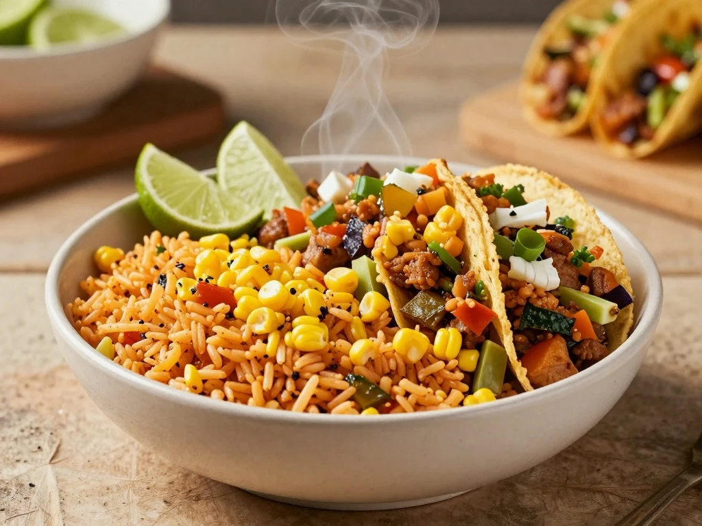 Bowl of spicy Mexican rice with corn served as a colorful side dish