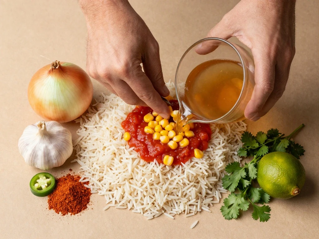 Ingredients for spicy Mexican rice with corn arranged for cooking