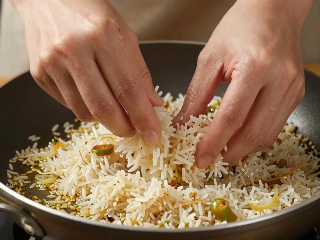 Rice and aromatics being toasted in a skillet for Mexican rice