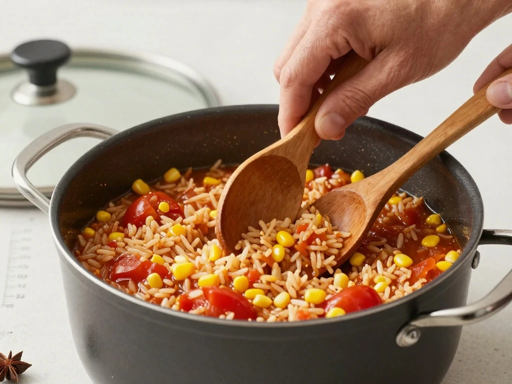 Covered saucepan of Mexican rice simmering with corn and spices