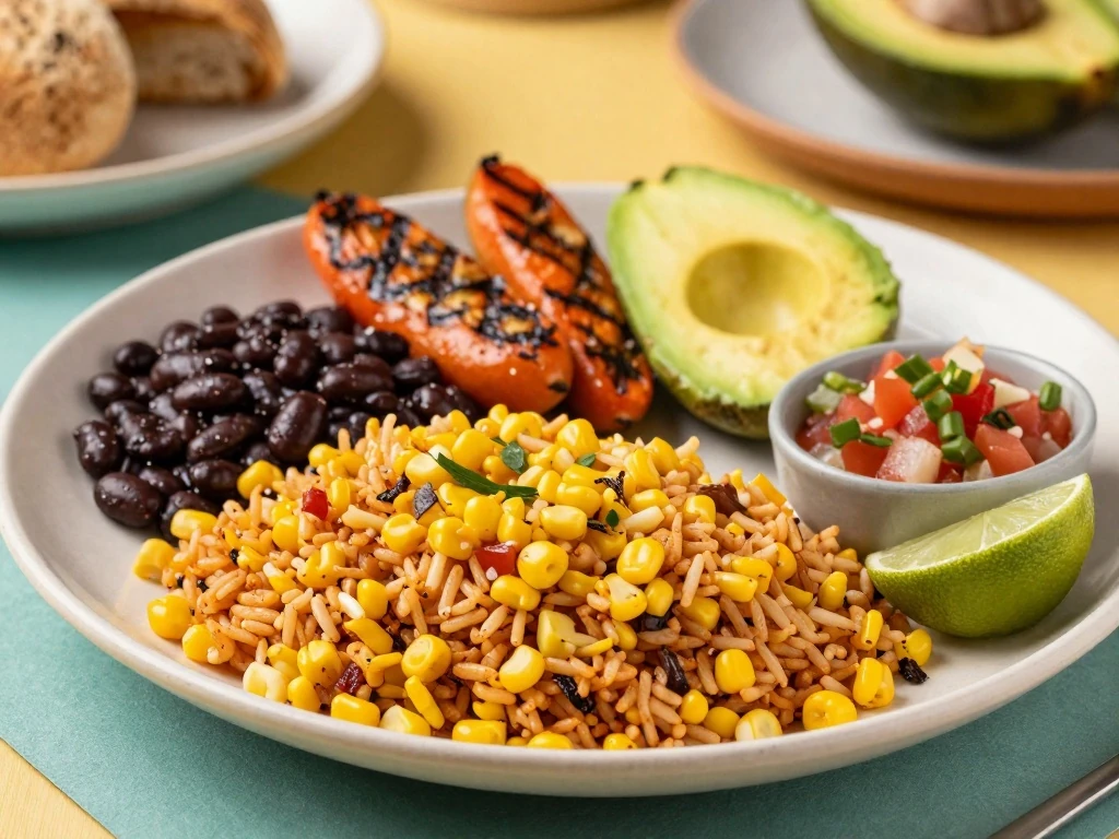 Spicy Mexican rice with corn served with beans, vegetables, avocado, and salsa
