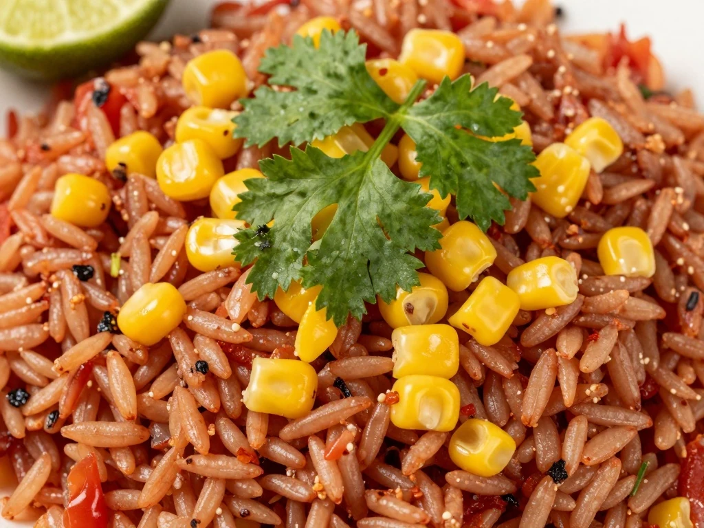 Close-up of fluffy Mexican rice grains with corn, cilantro, and lime